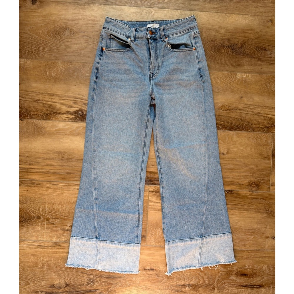 Evereve Seamed High Rise Wide Leg Jeans Womens 27 Raw Hem Crop Denim Light Wash